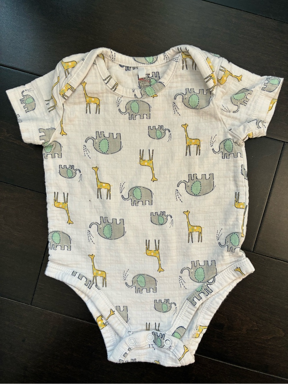 aden + anais White One-Piece Bodysuit with Yellow Giraffe & Mint Elephant Print